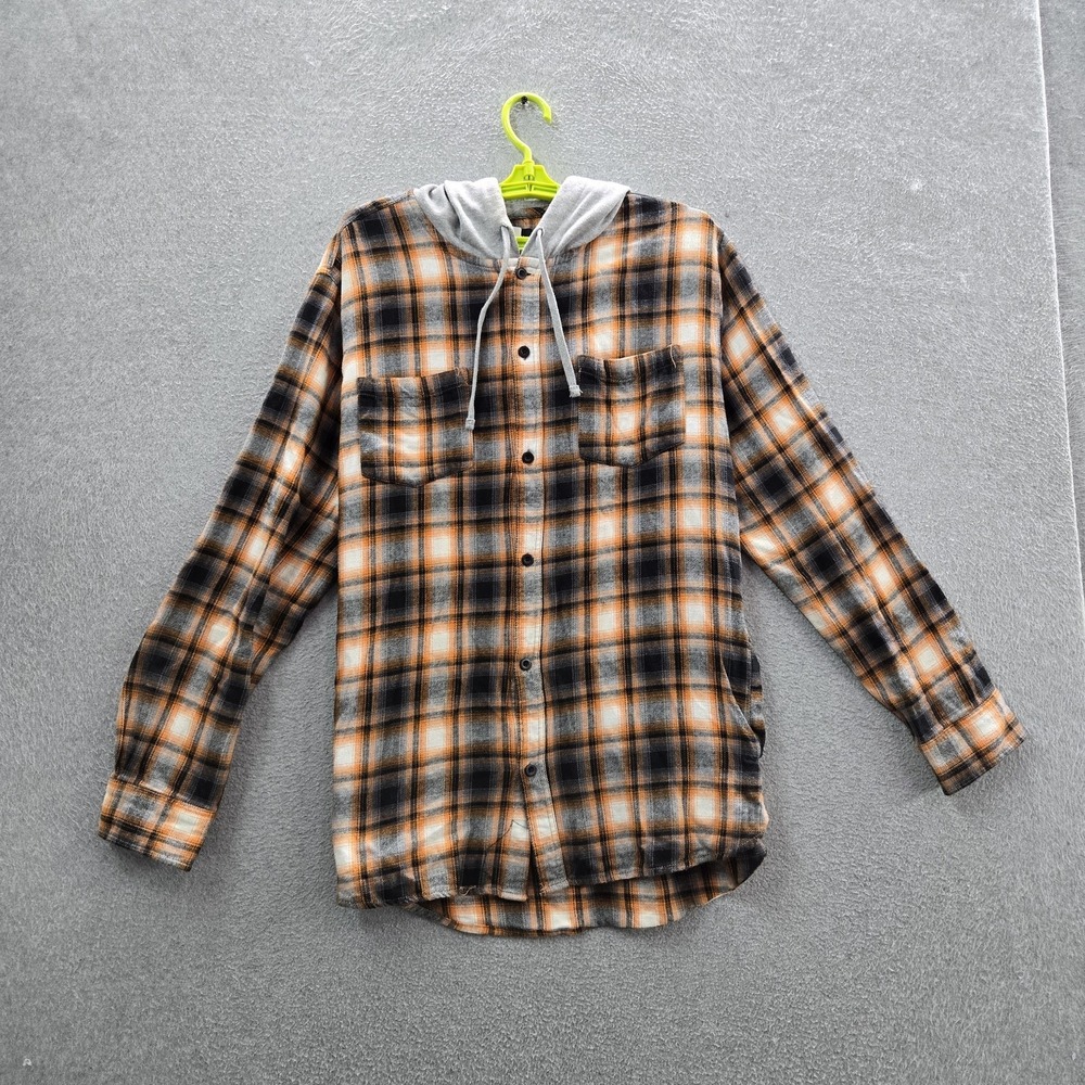 Pacsun Women Button Up Shirt XL Orange Plaid Flannel Hooded Shirt